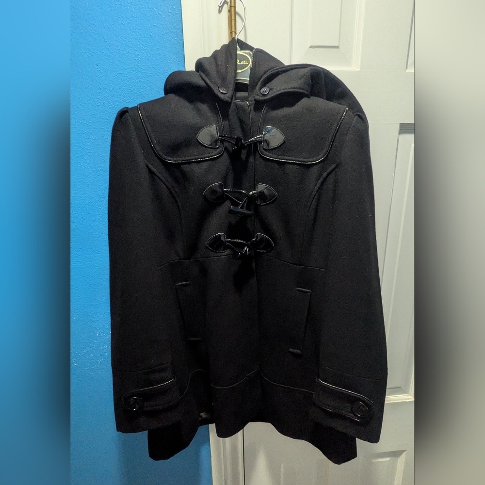Guess Black Wool toggle overcoat (duffle style)Hooded Petite Large